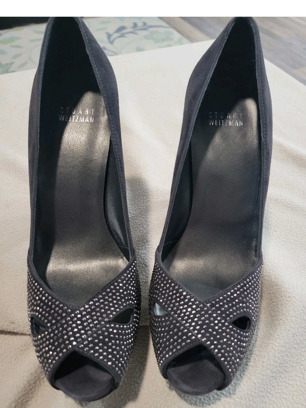Stuart Weitzman Women's Pewter Suede Peep Toe Studded Pumps, US 7.5